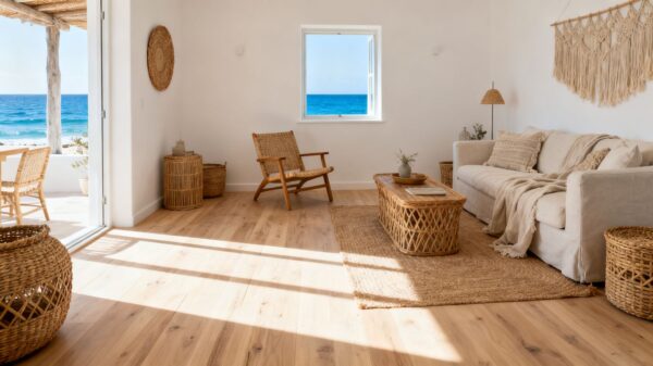 Light wood floor in airy coastal living room