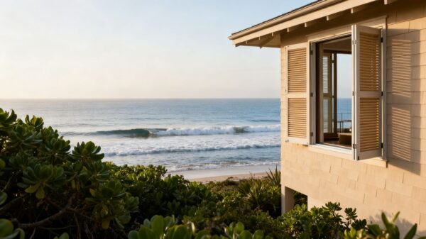 Coastal home with open windows and ocean view.
