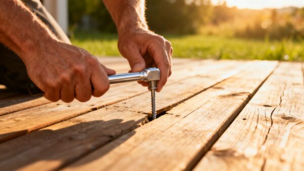 Hands tightening a loose floorboard on a wooden deck.